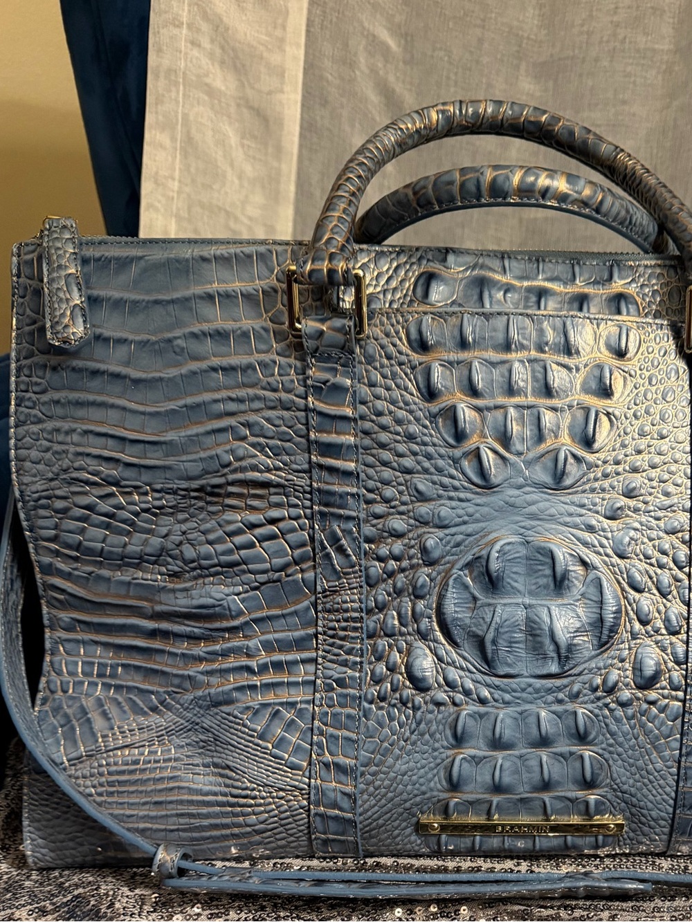 Brahmin Blue Embossed Croc Travel Anywhere Weekender Bag with Silver Hardware